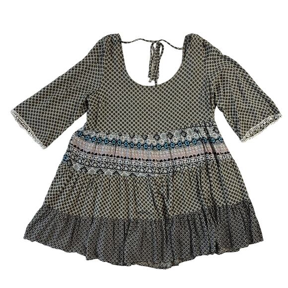 Umgee Women's Medium Patchwork Mini Dress with Open Back Bell Sleeves - Picture 1 of 6